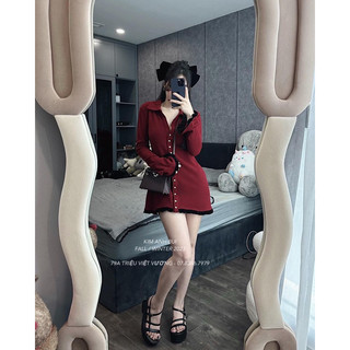 Đầm tăm cổ sơ mi phối viền