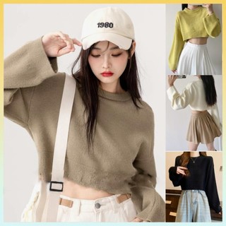  Áo len Montoghi dệt kim LÔNG THỎ cổ tròn CROPTOP mềm mịn tay dài xinh xắn - L2M