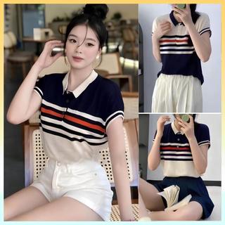  Áo len thun Montoghi dệt kim SỌC NỬA TRÊN tay cánh dơi viền kiểu mới - L2M