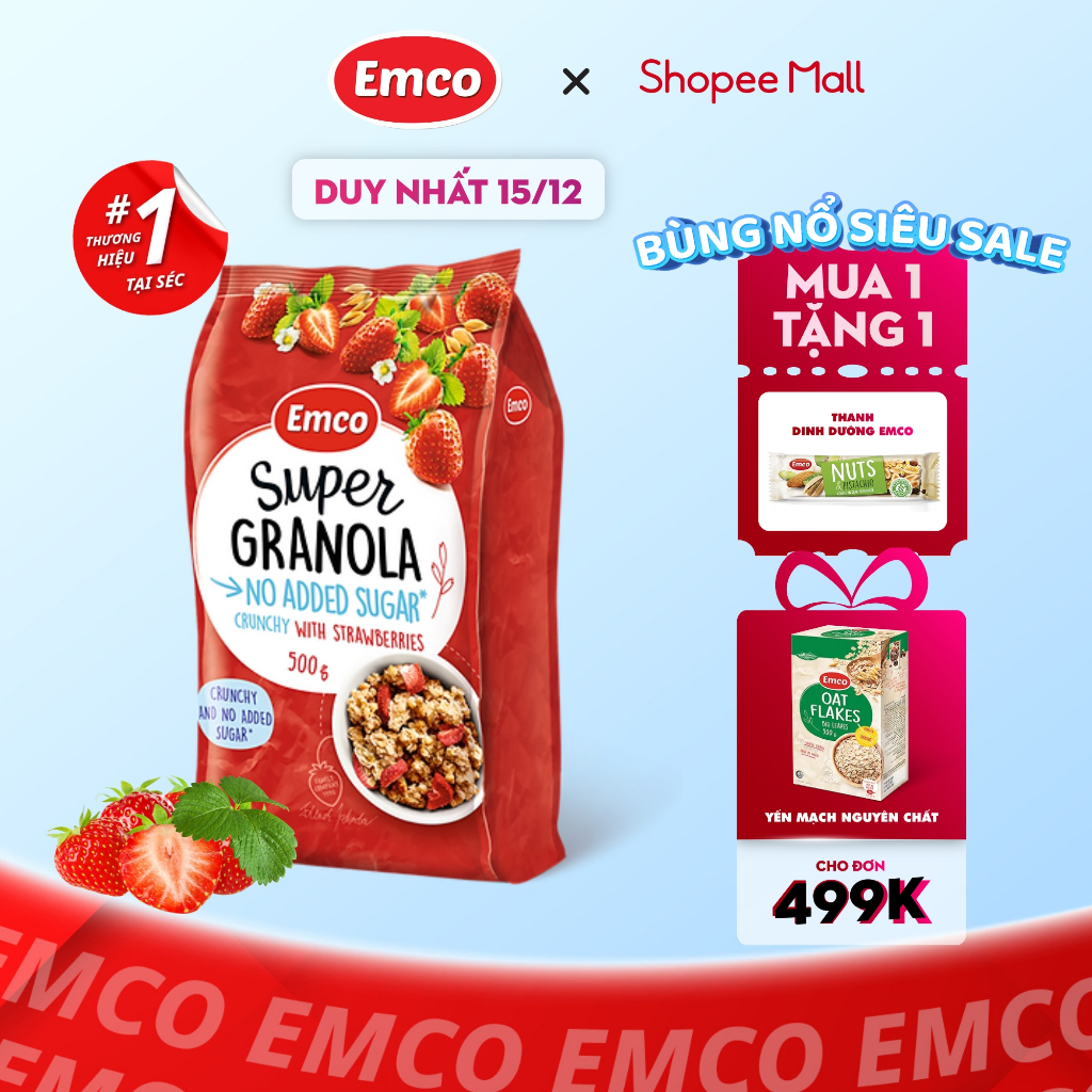 Ngũ Cốc Ăn kiêng Emco Granola vị Dâu Tây Giòn KHÔNG ĐƯỜNG 500g (Crunchy Strawberries)