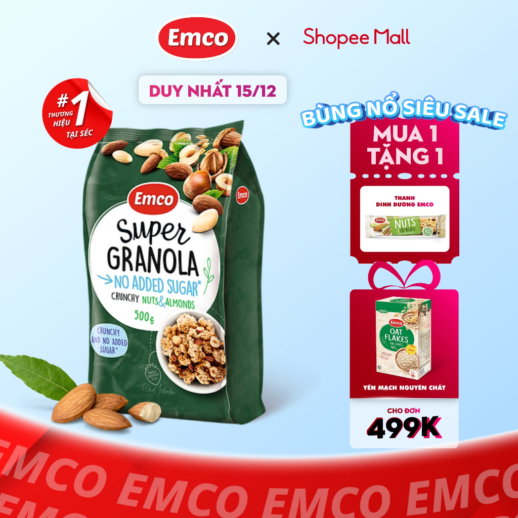 Ngũ Cốc Ăn kiêng Emco Granola Crunchy Nuts & Almonds vị Hạnh Nhân Giòn KHÔNG ĐƯỜNG 500g