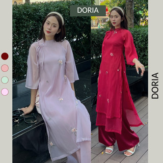 Sét áo dài cách tân hai lớp DORIA thêu hoa nổi tay lỡ cao cấp kèm quần lụa ống suông AodaitheuAD22_P13K5