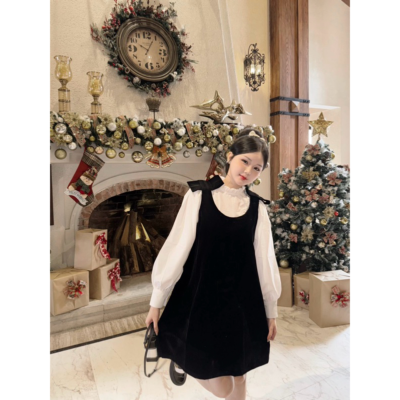 Set váy yếm nhung áo sơ mi tay bồng dáng váy tiểu thư đầm đi chơi