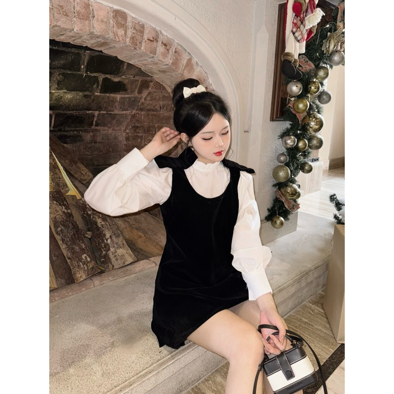 Set váy yếm nhung áo sơ mi tay bồng dáng váy tiểu thư đầm đi chơi