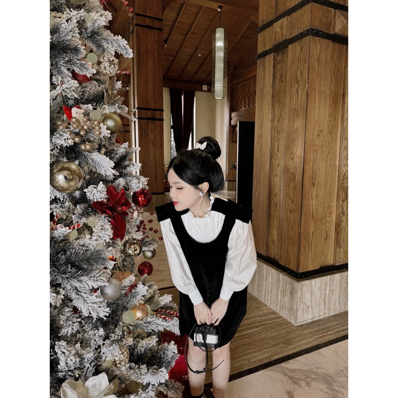 Set váy yếm nhung áo sơ mi tay bồng dáng váy tiểu thư đầm đi chơi