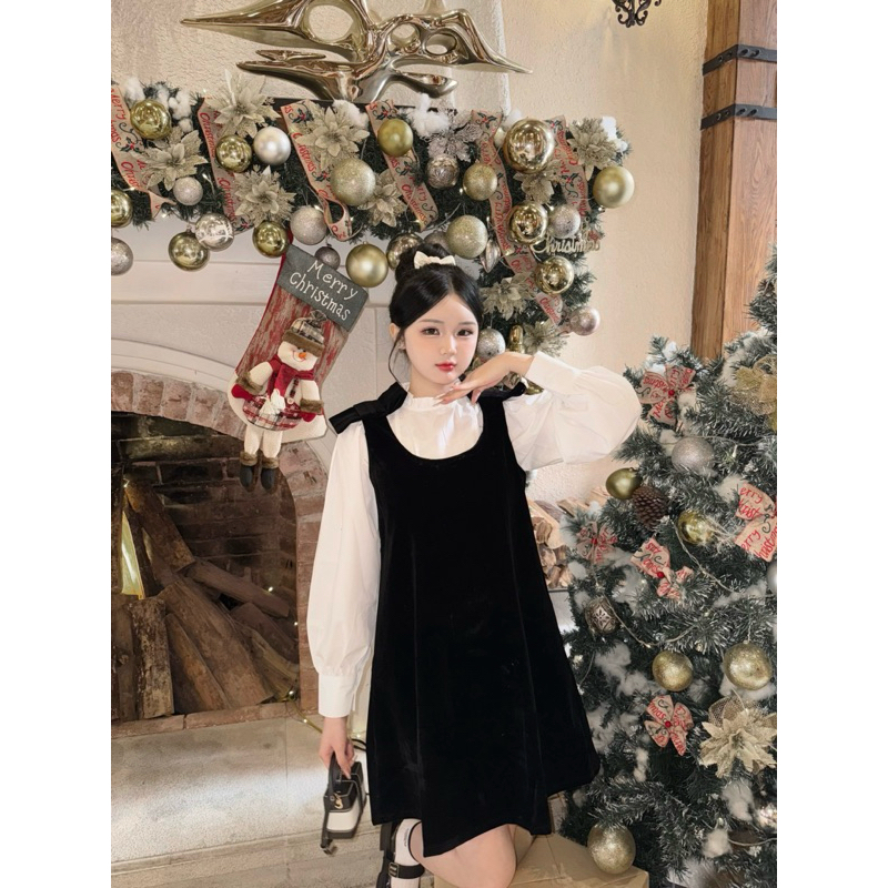 Set váy yếm nhung áo sơ mi tay bồng dáng váy tiểu thư đầm đi chơi