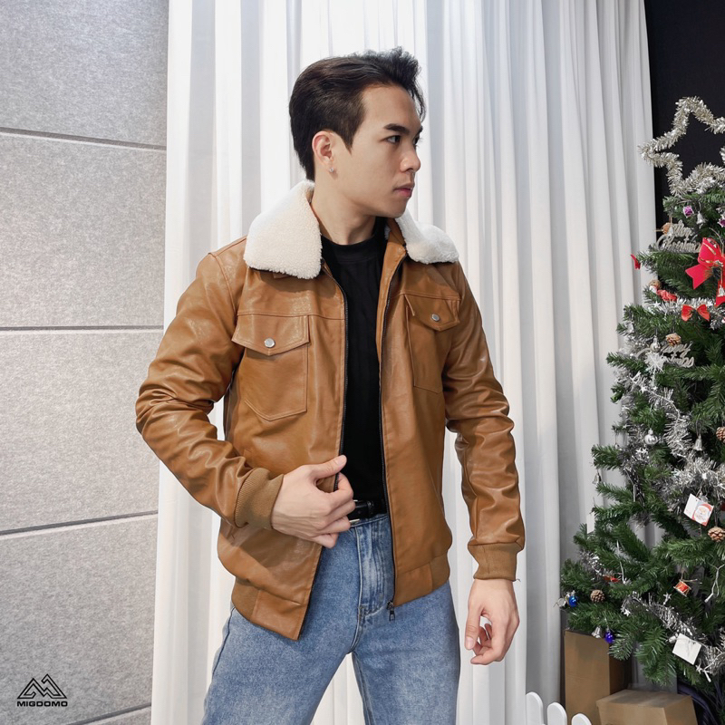 Áo khoác da nam 2 lớp lót lông cổ bẻ, Áo da nam chất đẹp PU