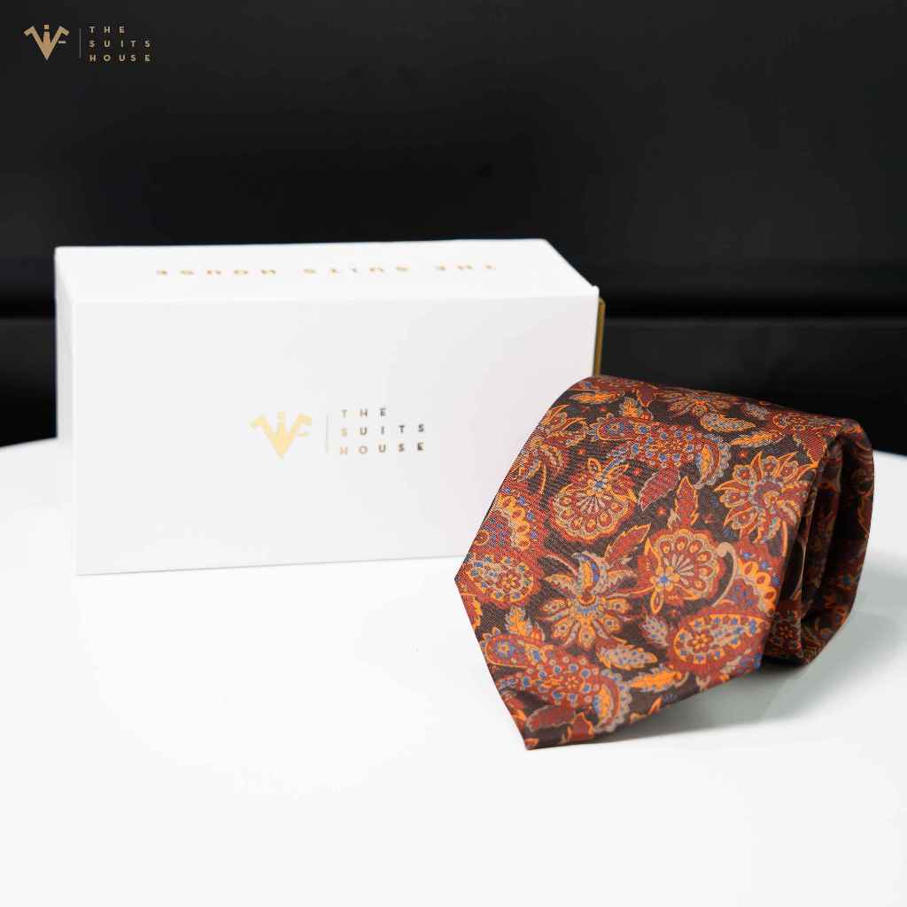 Cà vạt/ Caravat cao cấp THE SUITS HOUSE hoạ tiết hoa màu nâu vàng, bản 7 -9cm