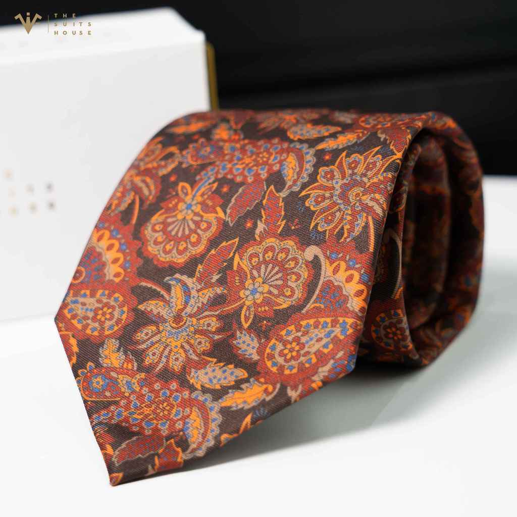 Cà vạt/ Caravat cao cấp THE SUITS HOUSE hoạ tiết hoa màu nâu vàng, bản 7 -9cm