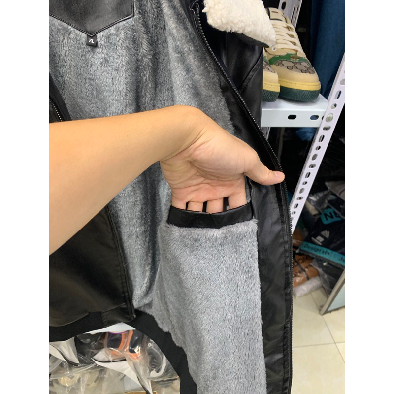 Áo khoác da nam cổ lông lót lông dày dặn, Áo da nam mùa đông