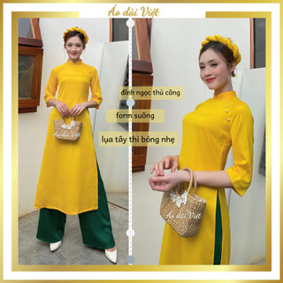 Áo dài cách tân nữ tết dáng suông tiểu thư màu vàng may sẵn lụa tây thi cao cấp
