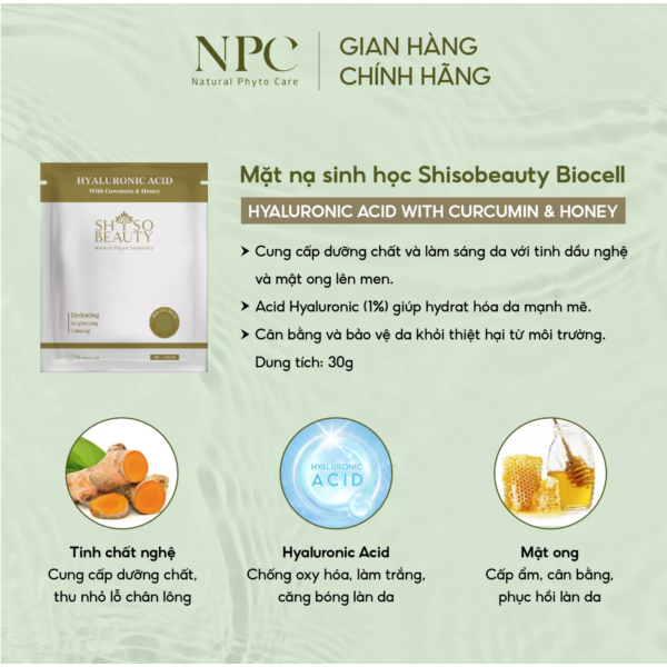 Mặt Nạ SHSO Beauty Biocell Hyaluronic Acid 1% With Curcumin & Honey Dưỡng Ẩm Sâu, Chống Lão Hóa 30g- NPC Phar