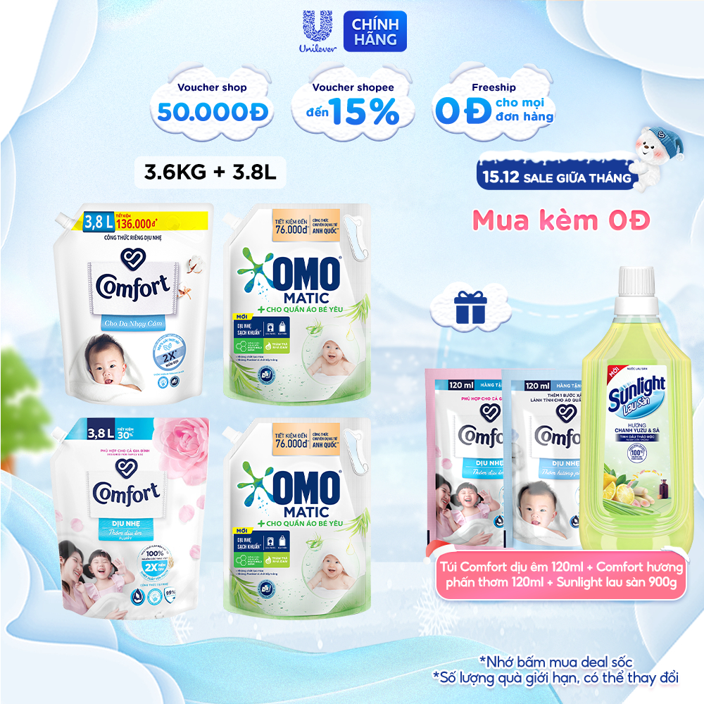 Combo Túi Nước Giặt Omo Matic Baby 3.6kg + Nước xả vải Comfort Cho Da Nhạy Cảm Túi 3.8L