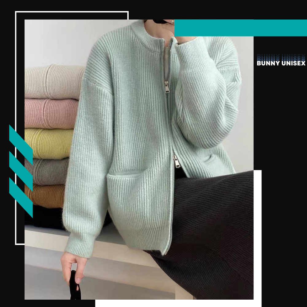 Áo khoác cardigan tông màu đơn giản có túi trước dày dặn deliz kiểu cadigan len xược trước mùa đông Ulzzang Bunny
