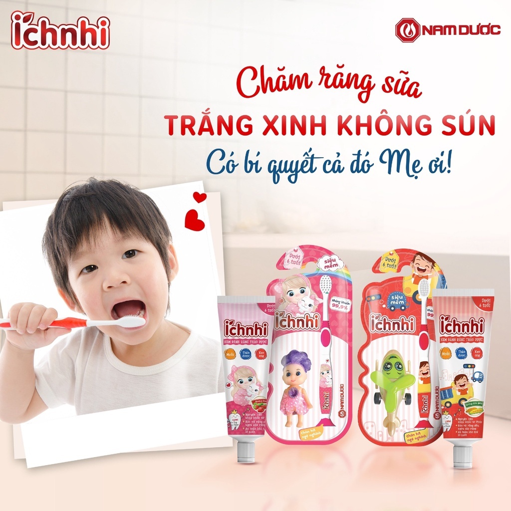 Bàn chải đánh răng cao cấp Ích Nhi cho trẻ em (dưới 6 tuổi) kèm đồ chơi cho bé, lông siêu mềm mịn, kháng khuẩn 99.9%