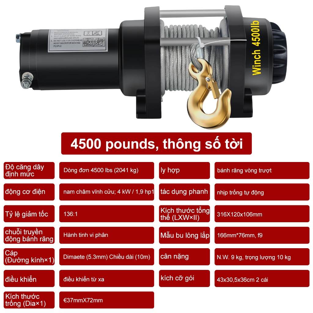 MATNEY Tời điện 12V ắc quy 4500lb có điều khiển từ xa ,Tời Cứu Hộ Ô Tô Lực Kéo 2025kg- Bảo hành 1 năm