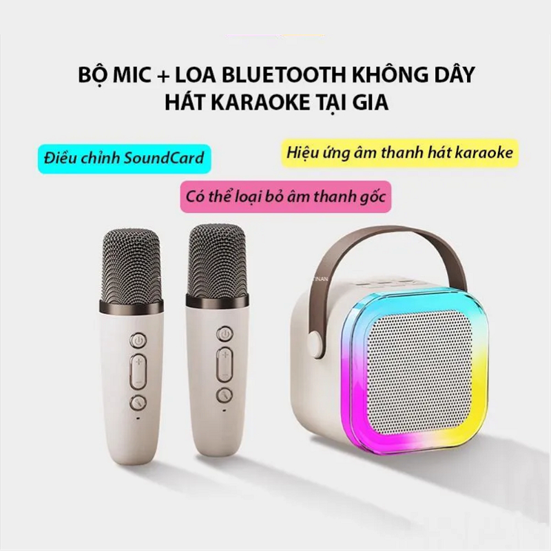 Loa Mini Bluetooth Pin Sạc, Hát Karaoke, Kèm 2 Micro Không Dây, Mang Theo Du Lịch, Mic Hay, Bass Căng - Có Đèn LED
