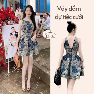 Váy đầm dự tiệc cưới dạ bố họa tiết gấu cực sang chảnh, đầm xòe xẻ lưng chữ V siêu xinh|Lê Thi Clothing