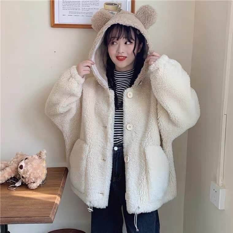 Áo khoác lông cừu  form rộng tai gấu siêu xinh D97