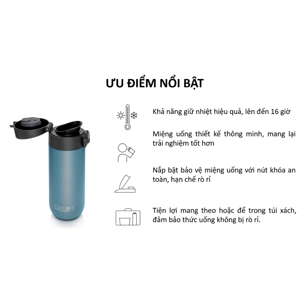 Bình giữ nhiệt XPLORIS FLASK Tupperware 450ml TẶNG kèm túi vải, inox 304 2 lớp cách nhiệt chân không, nắp bật có khoá an