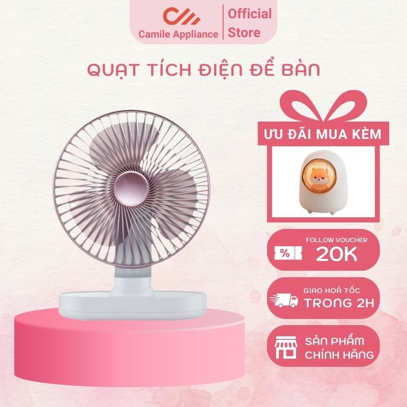 Quạt tích điện để bàn sạc USB tiện lợi xoay 90 độ, 4 tốc độ gió, dùng tới 15 giờ
