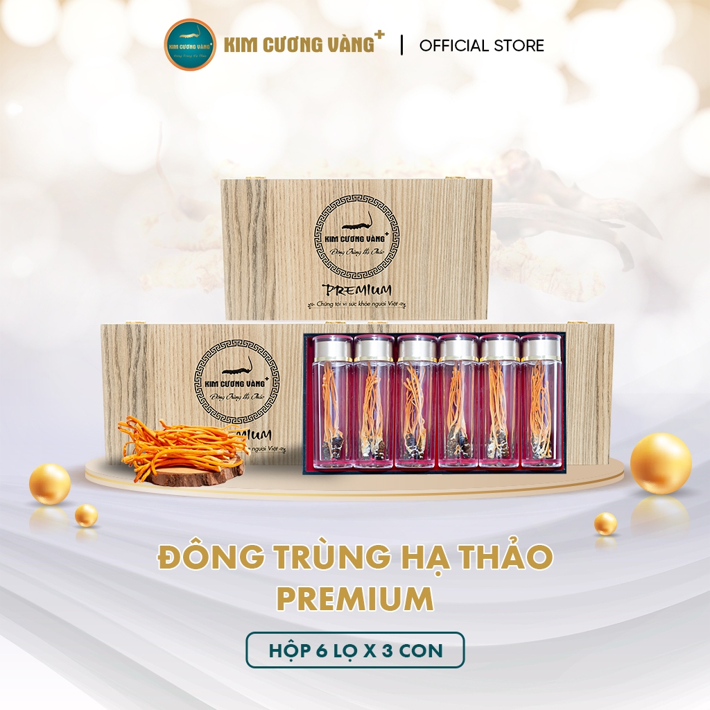 Đông Trùng Hạ Thảo Premium Giải Độc Gan Tăng Đề Kháng Kim Cương Vàng Hộp 18 con