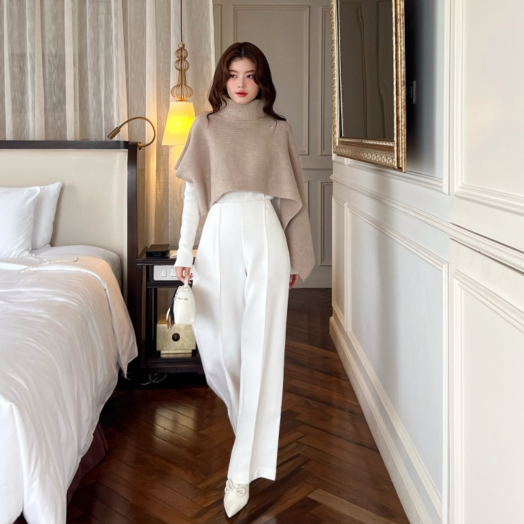 Áo Khoác Len Chui Đầu Cao Cổ Cánh Dơi Mùa Đông Thiết Kế Kiểu Nữ Đính Monogram Veo's Màu Be, Xám, Nâu - Paloma Poncho