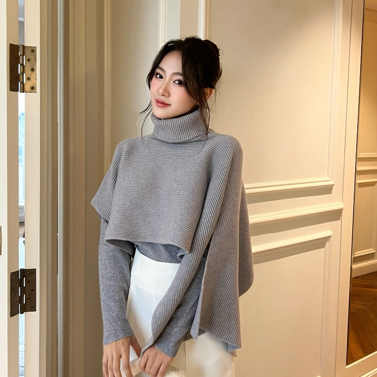 Áo Khoác Len Chui Đầu Cao Cổ Cánh Dơi Mùa Đông Thiết Kế Kiểu Nữ Đính Monogram Veo's Màu Be, Xám, Nâu - Paloma Poncho