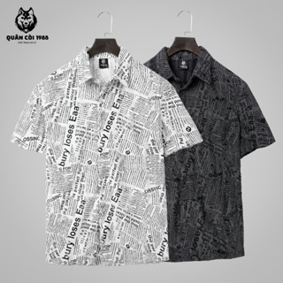 Áo sơ mi cổ đức vải cotton wat rách cộc tay AT-135B (Quân còi 1988) họa tiết báo