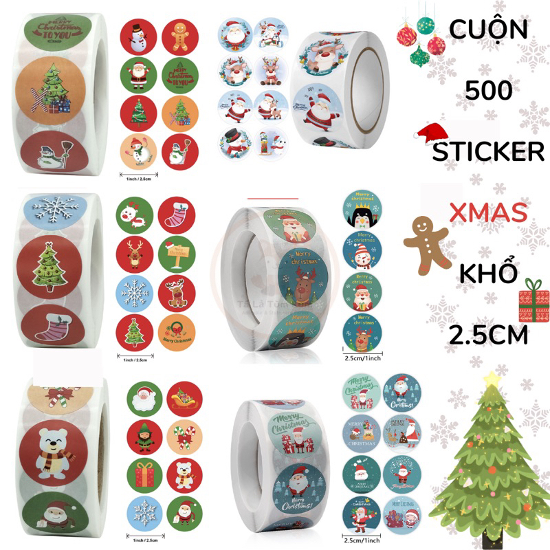 Cuộn 500 sticker chủ đề mùa Giáng sinh/ Noel/ XMas dễ thương cho bé hoặc trang trí