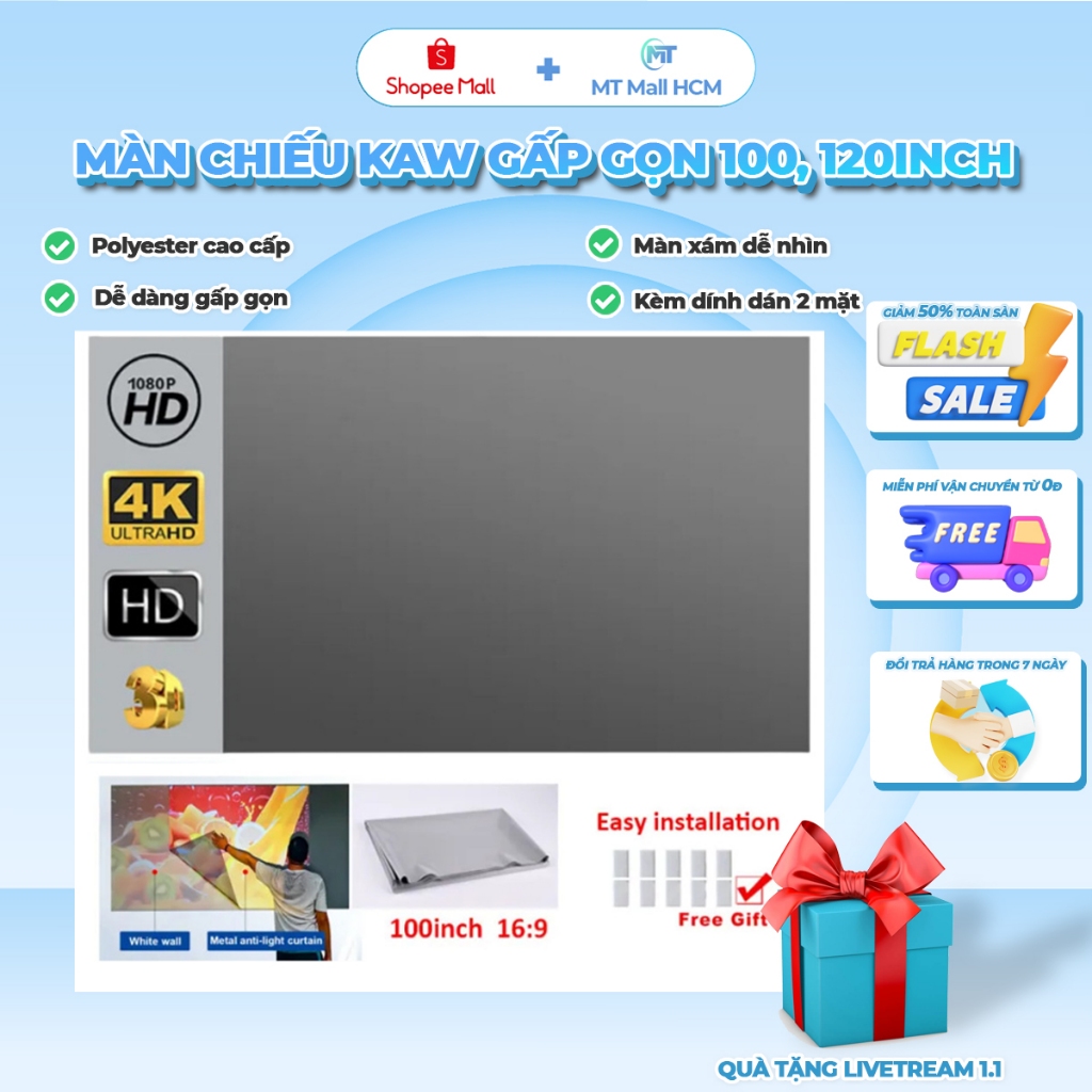 Màn hình chiếu phản quang dán tường chính hãng KAW 100 inch, 120 inch KAW