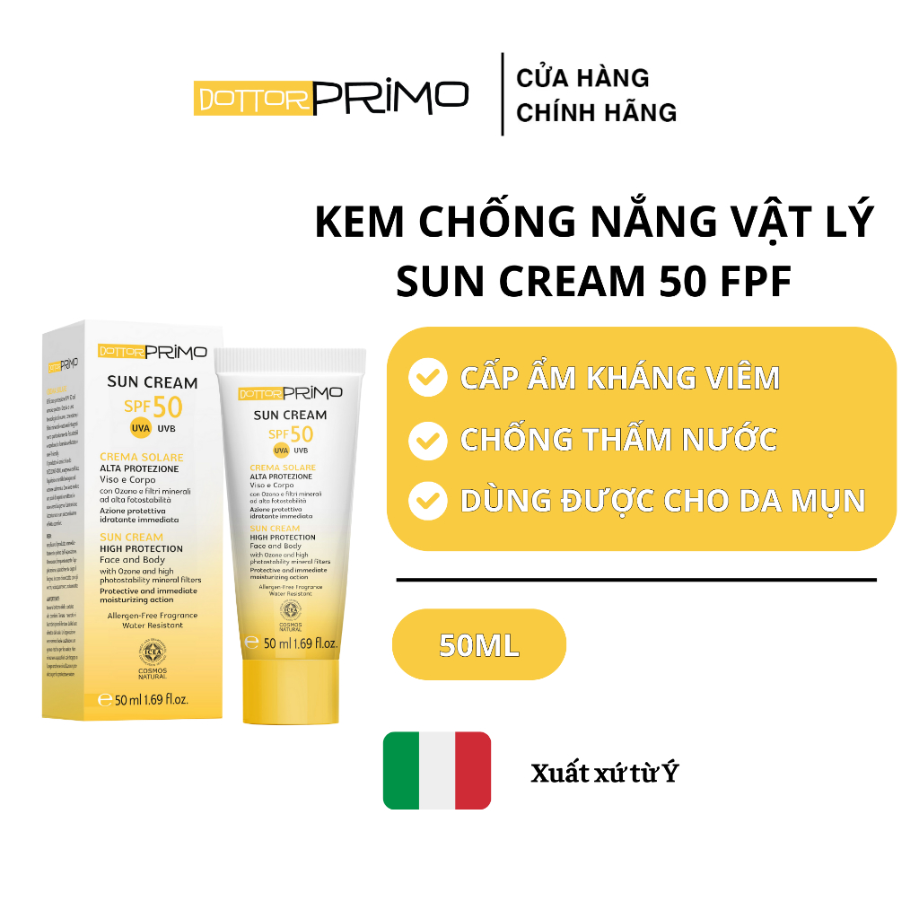Kem chống nắng vật lý DottorPrimo Sun Cream SPF50 cho da mụn và da nhạy cảm 50ml