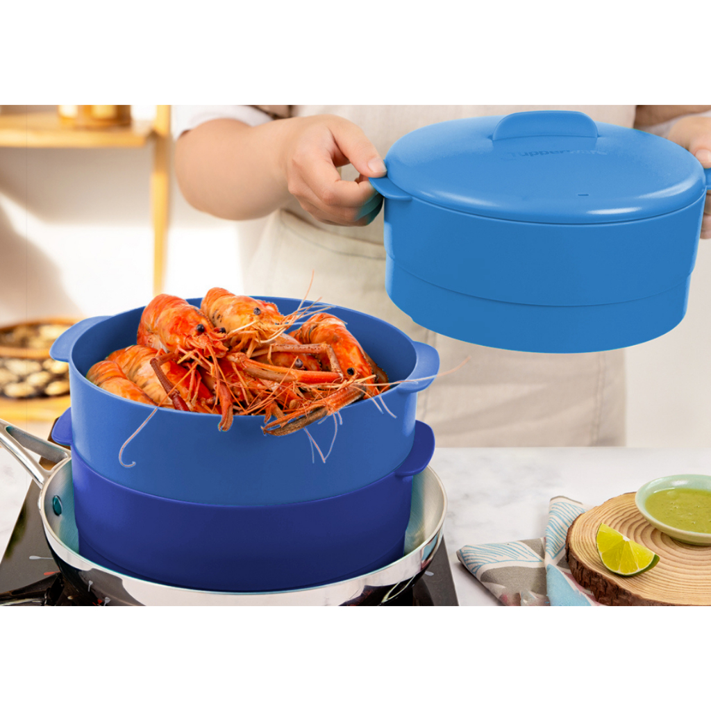 Xửng hấp xanh dương 3 tầng Tupperware Steam It giữ áp suất giúp hấp xôi hải sản tôm ốc gà chín nhanh chóng và dễ dàng