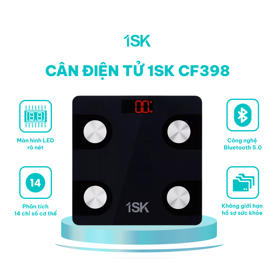 Cân điện tử thông minh 1SK CF398BLE kết nối Bluetooth giúp theo dõi sức khỏe, phân tích 14 chỉ số cơ thể