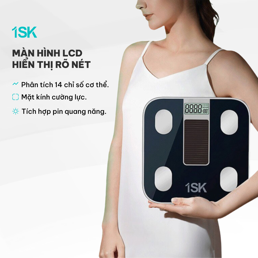 Cân sức khỏe điện tử thông minh 1SK pin mặt trời, đo và phân tích 14 chỉ số cơ thể, kết nối Bluetooth