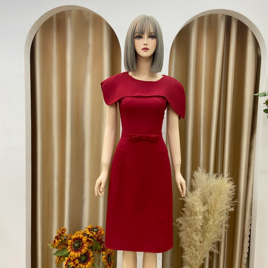 Đầm dự tiệc Nhật Vy cổ thuyền dáng ôm đính nơ chất lụa phù hợp dạo phố công sở cafe sang chảnh - D2909