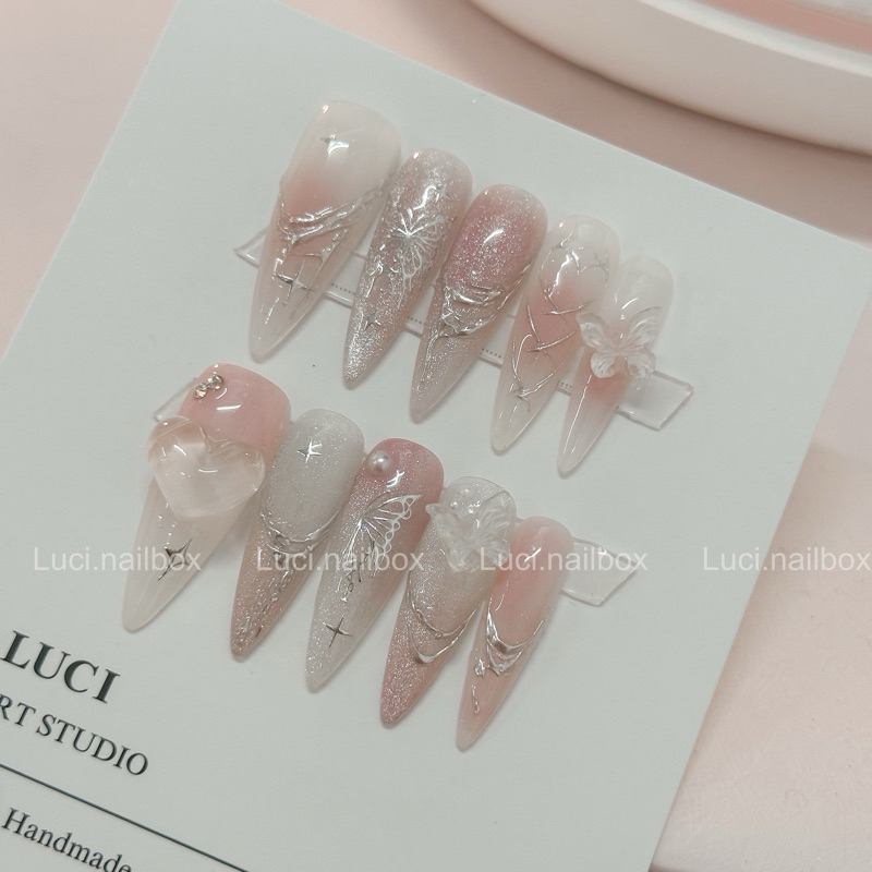 Nailbox thiết kế L033 ombre hồng nhũ cute phong cách y2k form tròn nhọn luci.nailbox