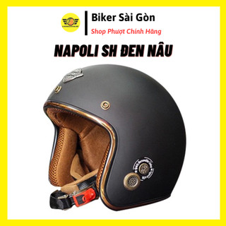 Mũ Bảo Hiểm ¾ Napoli Sh Màu Đen Nhám Lót Nâu - Free Size ( vòng đầu 55 - 58cm ) - Biker Sài Gòn