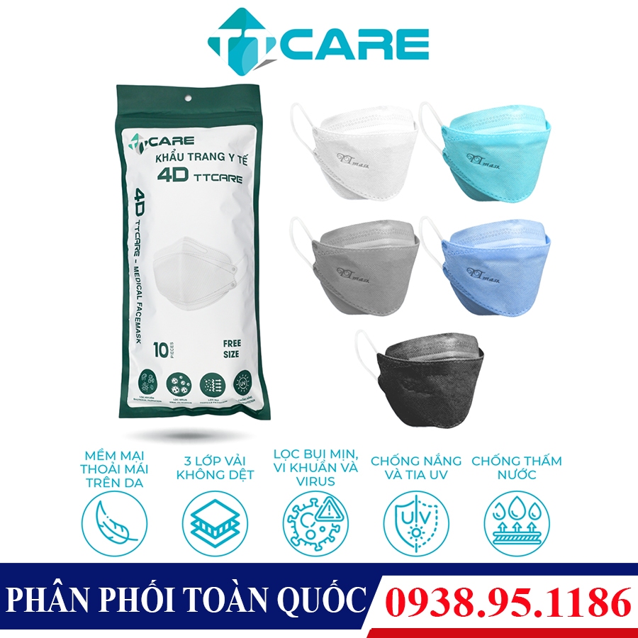 Khẩu Trang 4D Cao Cấp TT CARE Kháng Khuẩn Chống Tia UV Chống nước Lọc Virus