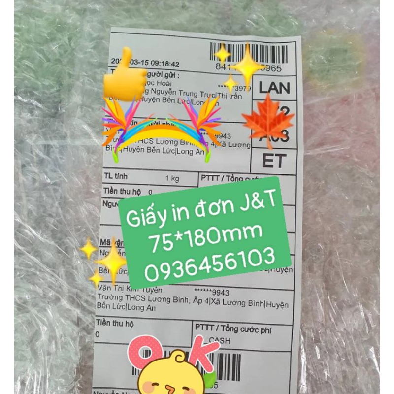 Giấy in đơn hàng JT Express, Giấy in nhiệt 75*180mm cuộn 30m