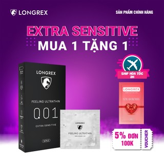 Bao cao su Longrex Extra Sensitive siêu mỏng, kéo dài thời gian quan hệ, nhiều gel bôi trơn, hương vani, hộp 10 bcs