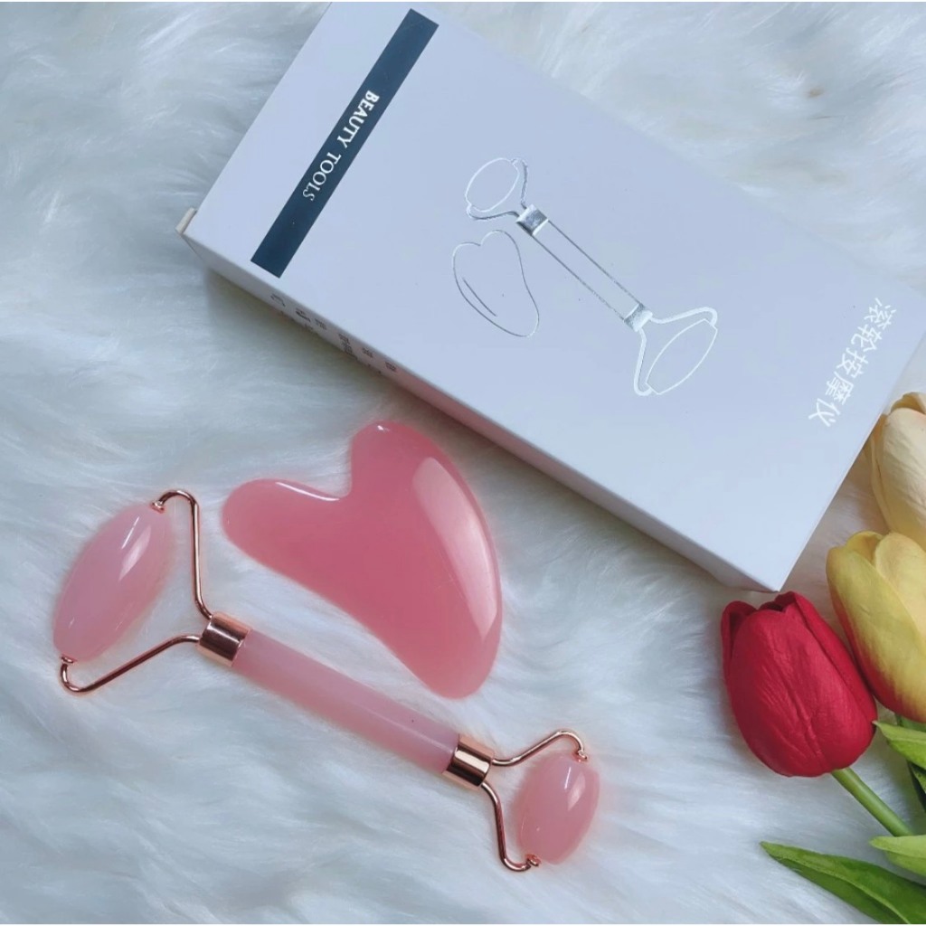 Combo Đá Guasha Massage Mặt + Cây Lăn Massage Mặt Giúp Trẻ Hóa Làn Da, Nâng Cơ Mặt Và Săn Chắc Da