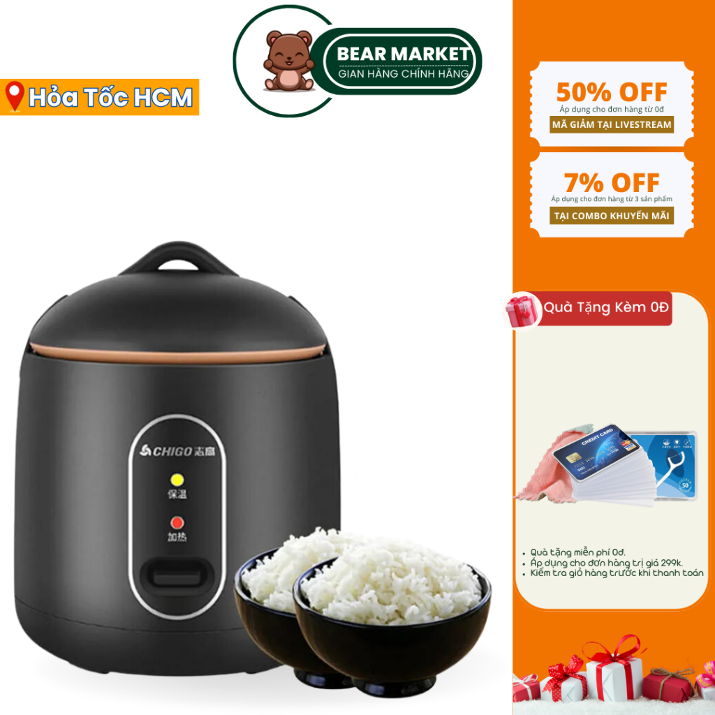 Nồi cơm điện mini đa năng Chigo dung tích 1.2L công suất 600w nấu cháo súp hầm, thiết kế chống dính an toàn cho sức khỏe