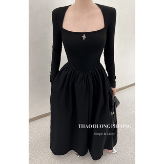 Váy maxi dài cổ vuông phối thô