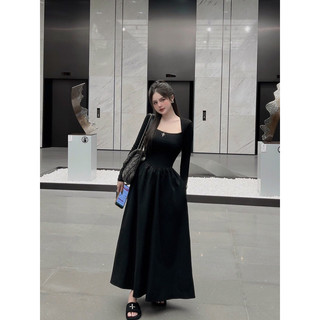 Váy maxi dài cổ vuông phối thô