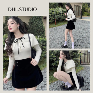 Set áo len dài tay thắt nơ kèm chân váy nhung đen siêu xinh D101