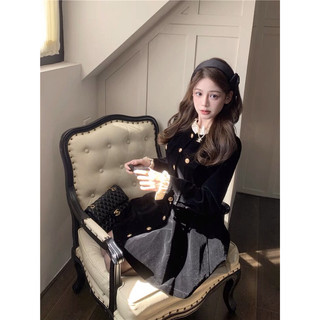 [Ảnh thật ở cuối] Đầm nhung tay dài cổ bèo dáng xoè phối khuy đồng cao cấp phong cách Thu Đông dành cho nữ mới