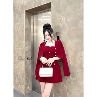 Set váy nữ đi chơi, đầm 2 dây đính nút kèm áo khoác tay dài chất Nhung cứng loại 1