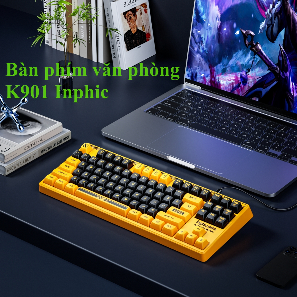 Bàn phím văn phòng K901 Inphic chống ồn kết nối cáp rời type C thiết kế 87 phím đèn led Rainbow keycap 3 màu năng động