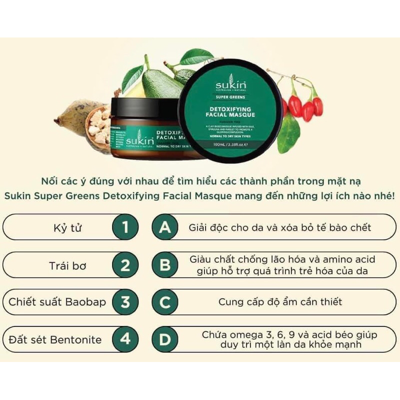 Mặt Nạ Đất Sét Sukin Greens Detoxifying/ Pink Sensitive Facial Masque hữu cơ 100% của Úc